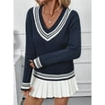 thumbnail image 3 of Womens V Neck Oversized Sweaters Long Sleeve Cable Knit Pullover Striped Chunky Sweater Casual Tunic Tops Navy Blue S, 3 of 8