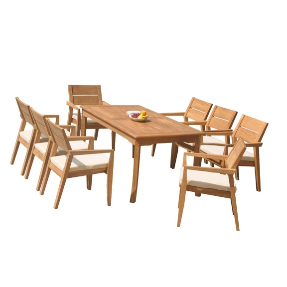 Grade-A Teak Dining Set: 8 Seater 9 Pc: 60" Rectangle Table And 8 Vellore Stacking Arm Chairs Outdoor Patio WholesaleTeak #51VL1309