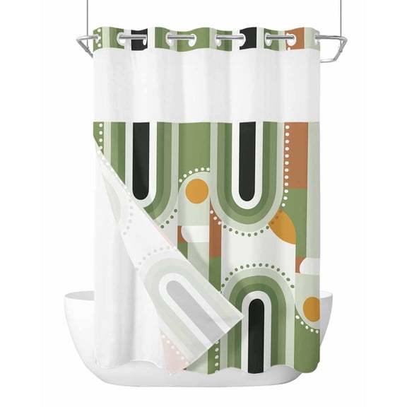 No Hook Modern, Shower Curtain with Snap in Liner Set, Middle Century Abstract Olive Green Waterproof Fabric Bathroom Curtains with See Through Top Window, Hotel Style Stall 48 x 72 Inch