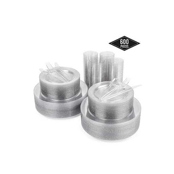 600 Pcs Silver Glitter Disposable Plastic Dinnerware Set, 100 Guests