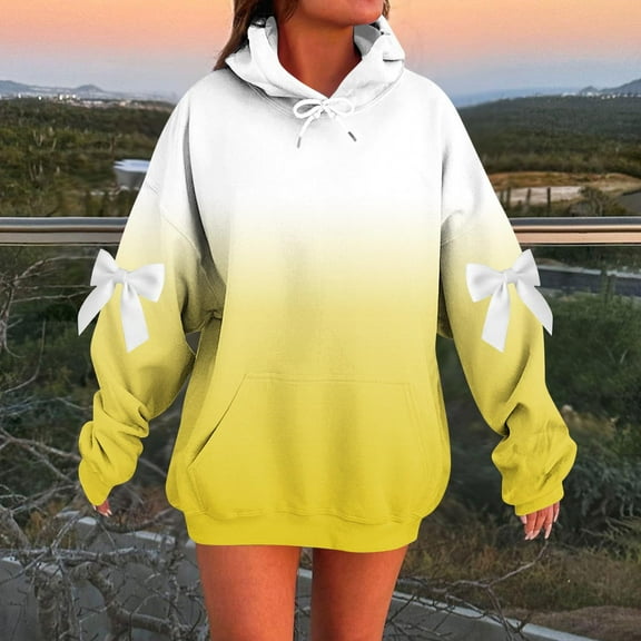 DAFPZW Women's Pullover Hoodies Gradient Color Long Sleeve Cute Bows Trendy Fall Fashion Tops Hooded Sweatshirts