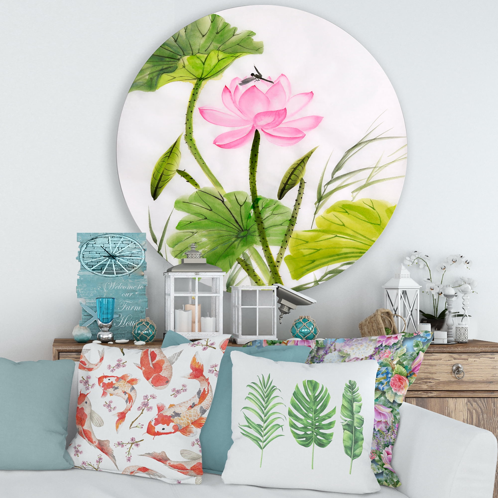 Designart 'Single Vintage Pink Lotus Flower With Green Leaves' Traditional Circle Metal Wall Art 36x36 - Disc of 36
