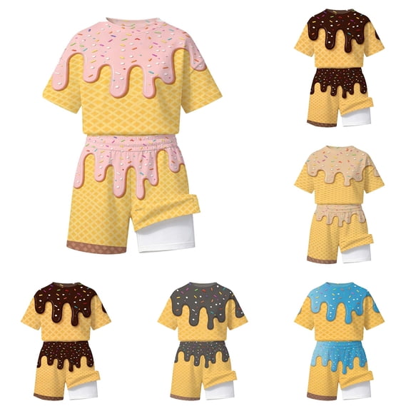 JAJAHO Unisex Girls Boys 2 Piece Outfits Kids Summer Clothes Ice Cream Printed Short Sleeve T Shirt And 2 In 1 Shorts With Pockets Tracksuit Set 2-14Y