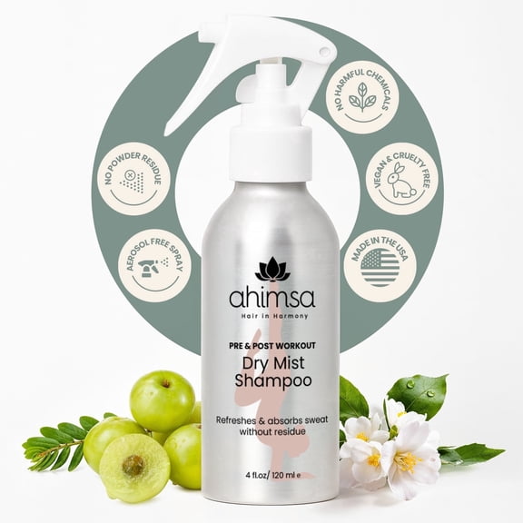 Ahimsa Dry Mist Shampoo, Residue-Free, Dark Hair Friendly, Vegan & Cruelty-Free, Pre & Post Workout, 4 oz