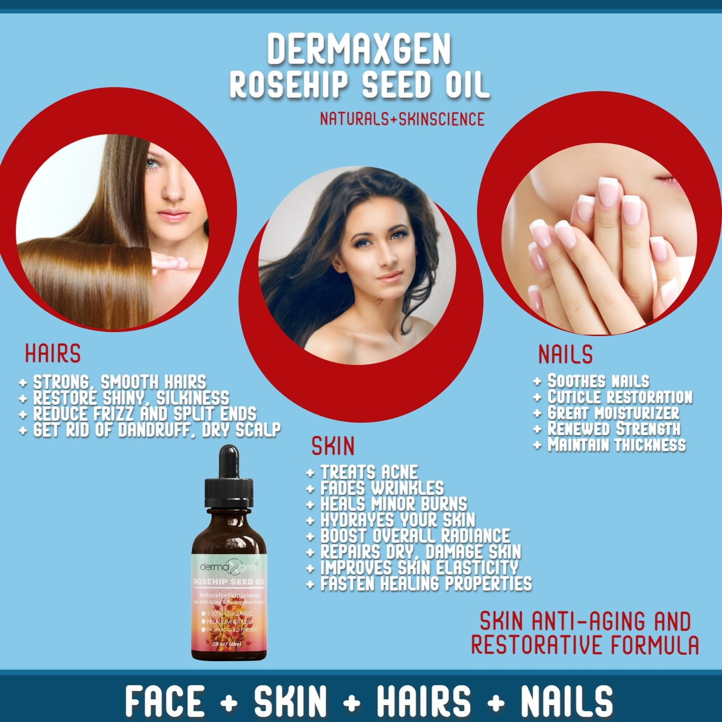 ROSEHIP SEED OIL 2 fl oz -100% Organic & Cold Pressed - Anti-Aging Moisturizing Treatment for Face, Hair, Skin & Nails, Acne Scars, Anti-Wrinkle