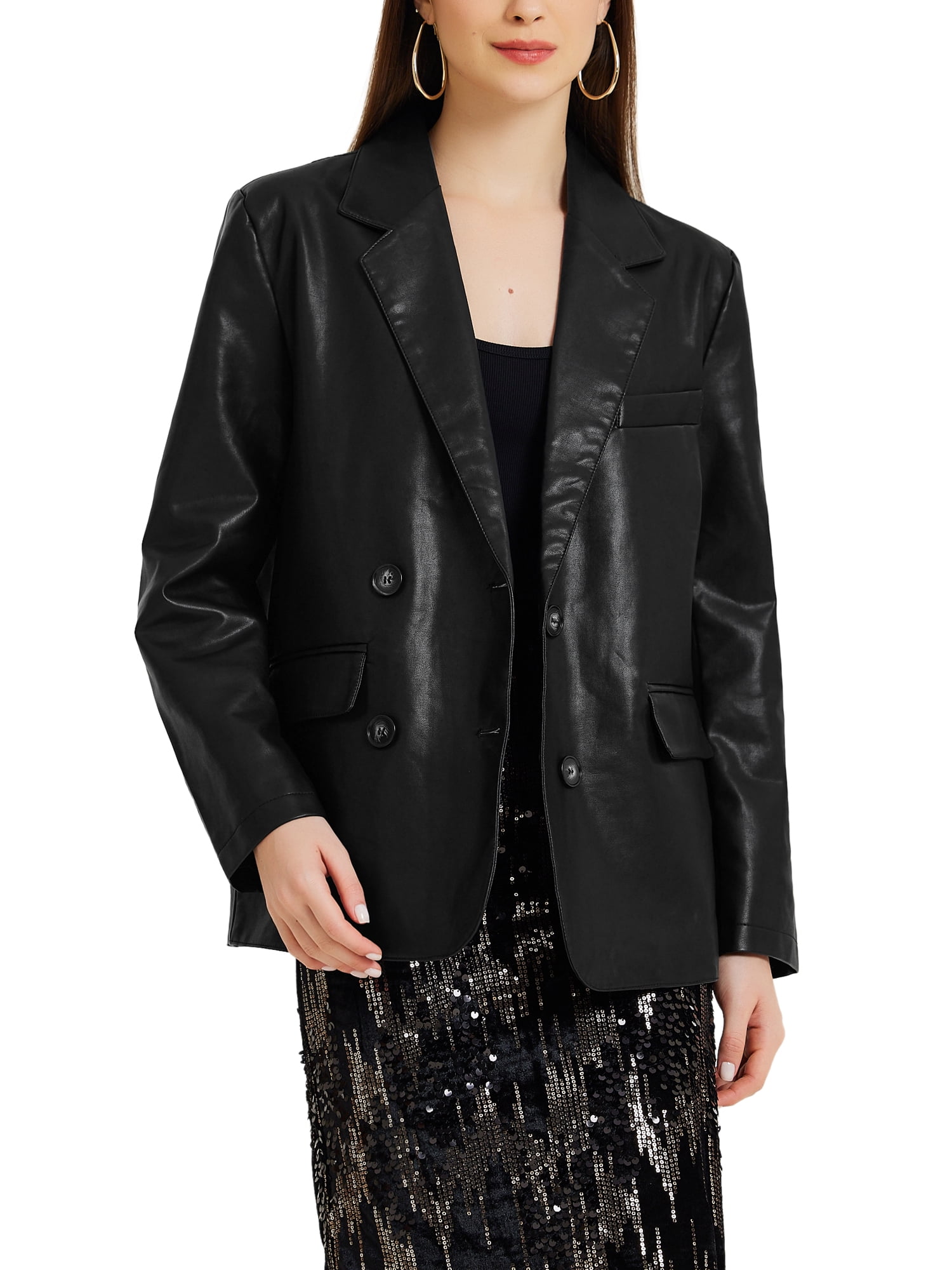 INSPIRE CHIC Women's Faux Leather Blazer Pockets Notch Lapel Work Casual Fall Winter Coat L Black
