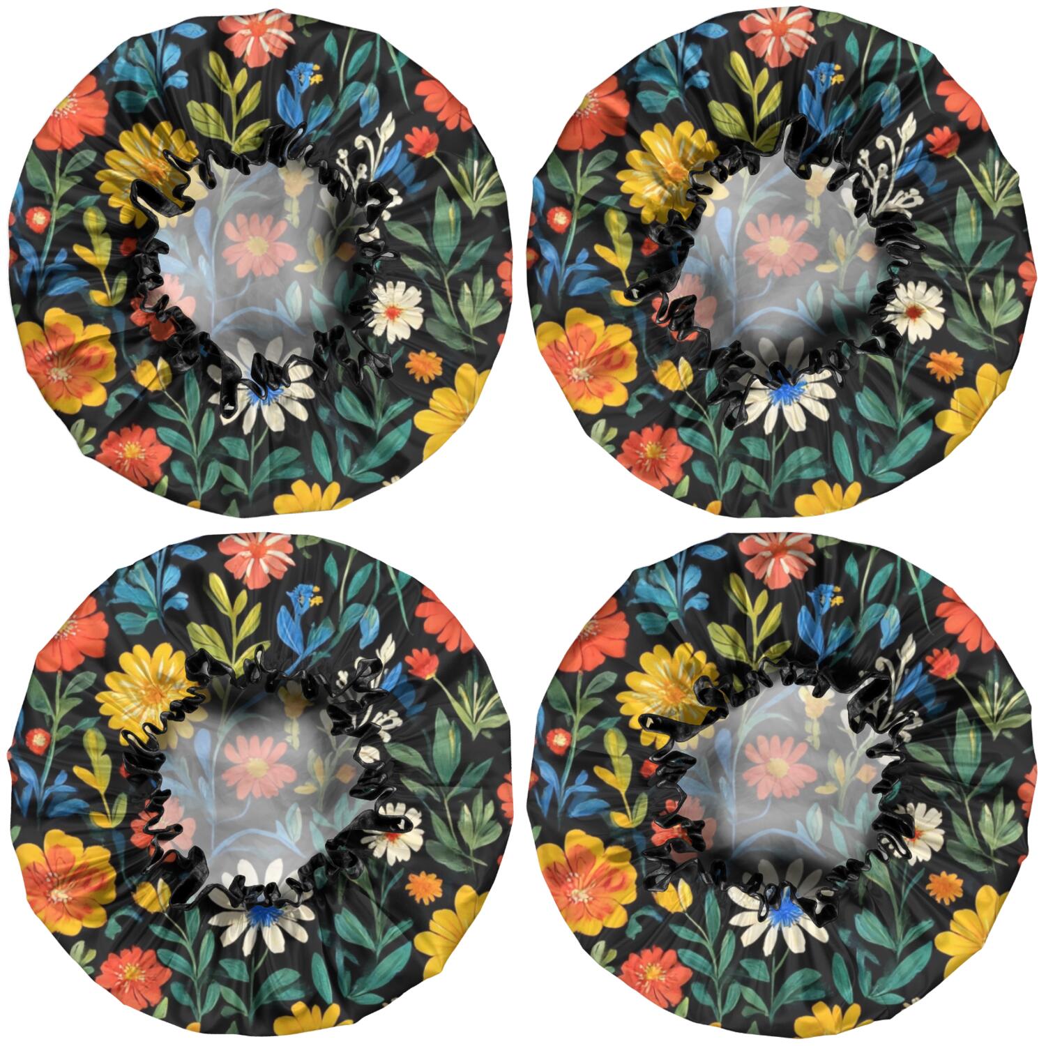 Shower Caps,Pioneer Flower Floral Print Pattern Waterproof Shower Cap for Women 4 Pieces,Double Reusable Hair Cover for Shower PEVA Elastic Stretch Hem