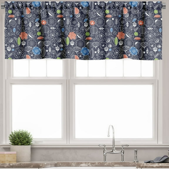 Ambesonne Floral Valance Pack of 2, Flowers Leaves Scandinavian, 42"X12", Dark Indigo and Multicolor