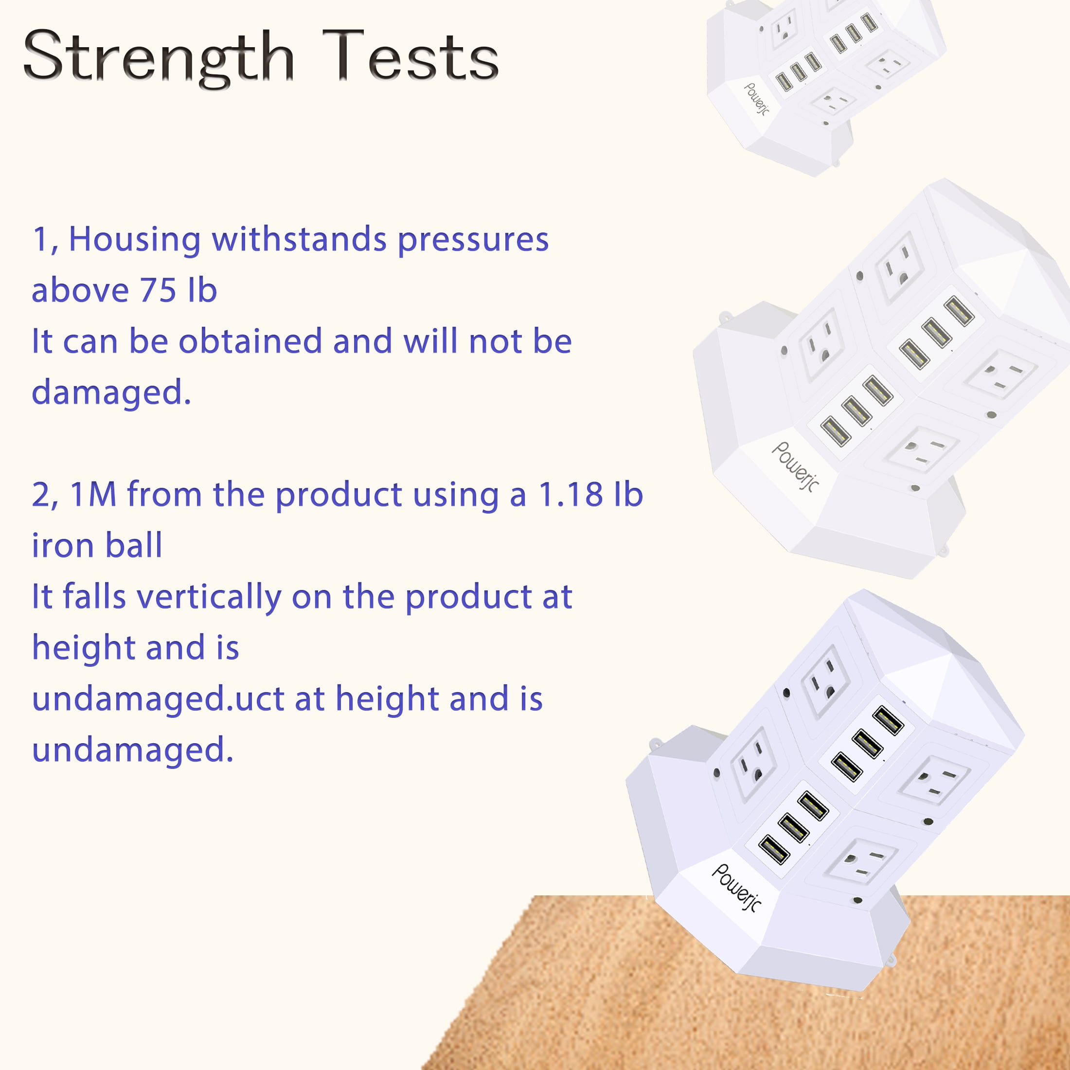 Powerjc Tower Power Strip Surge Protector Socket 8 AC Outlets with 6 Usb ports Chargers 118.1 Inches Long Extension Cord Indoor White