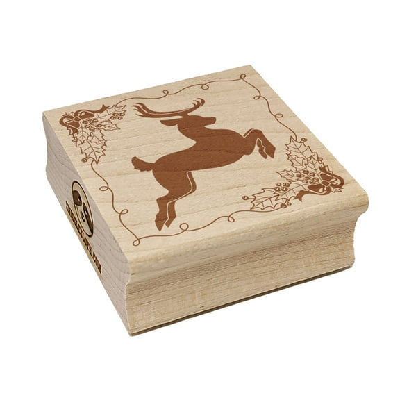 Flying Reindeer with Holly Border Christmas Square Rubber Stamp Stamping Scrapbooking Crafting - Small 1.25in