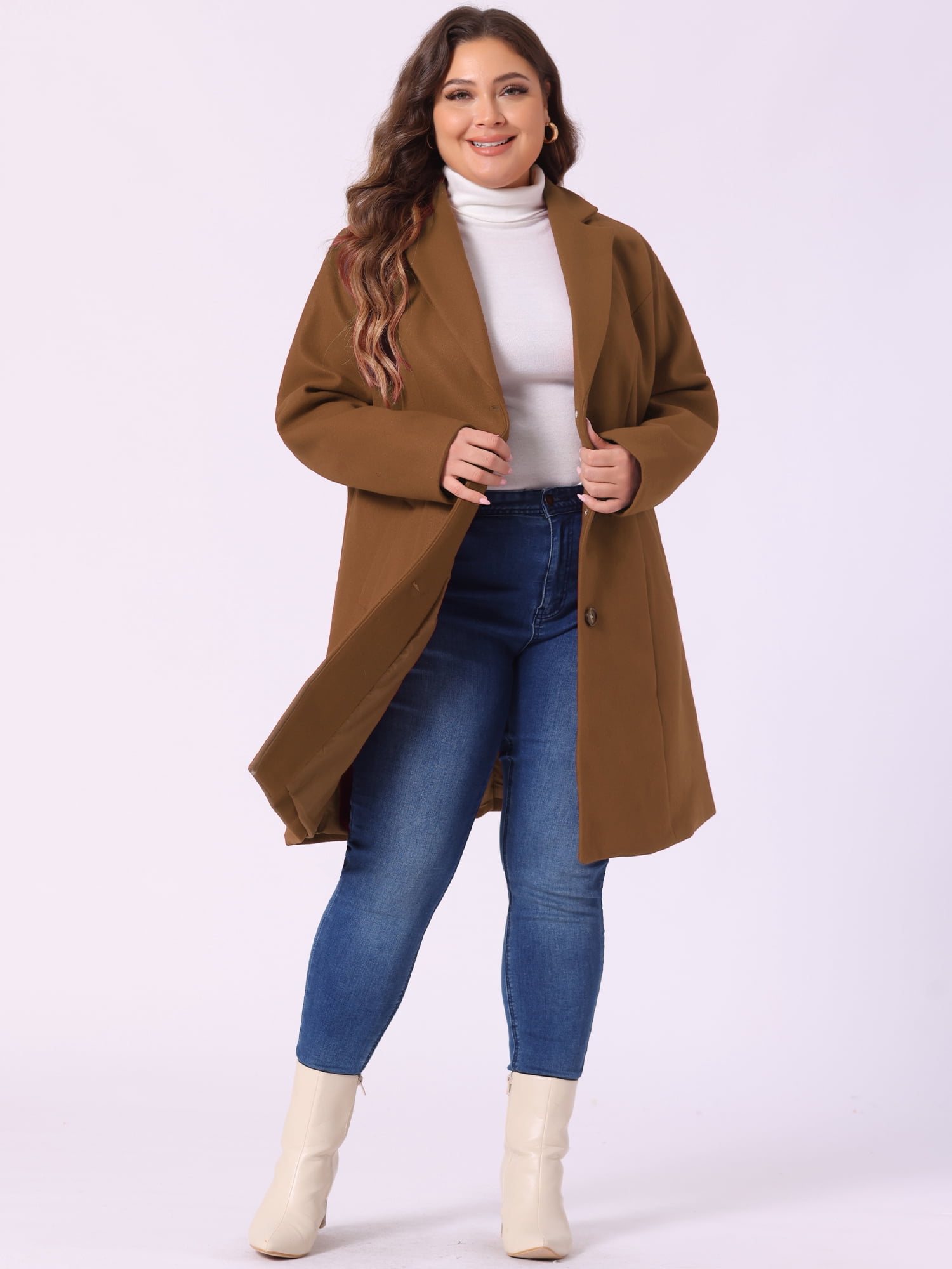 DARING DIVA Women's Plus Size Notched Lapel Single Breasted Trench Coat 1X Dark Brown
