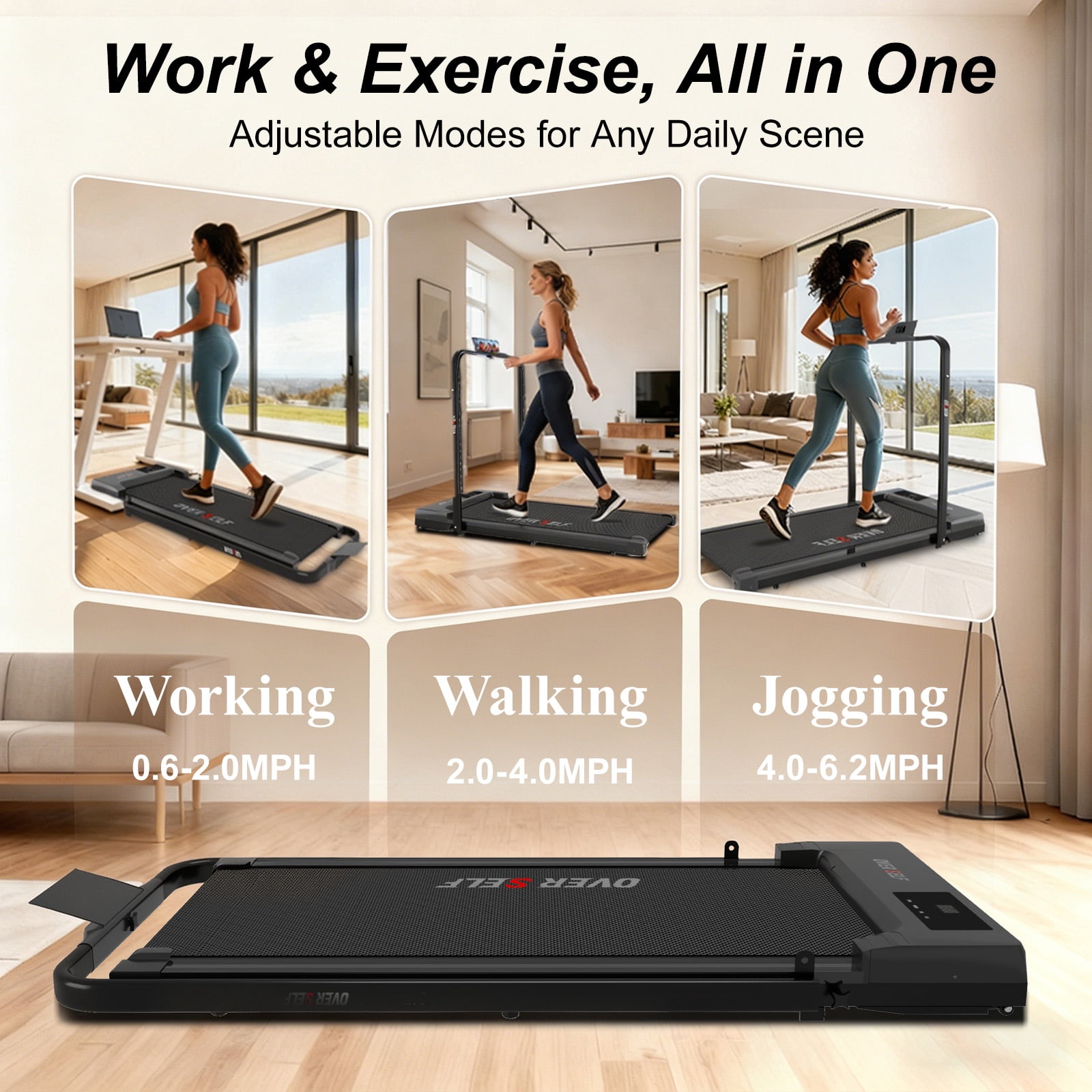 Walking Pad Treadmill with Handle,Under Desk Treadmill With Remote Control, 2.5 HPQuiet Brushless Motor, 300lbs Capacity, LED Display & Smart App, 0.6-6.2 MPH, for Home & Office Use
