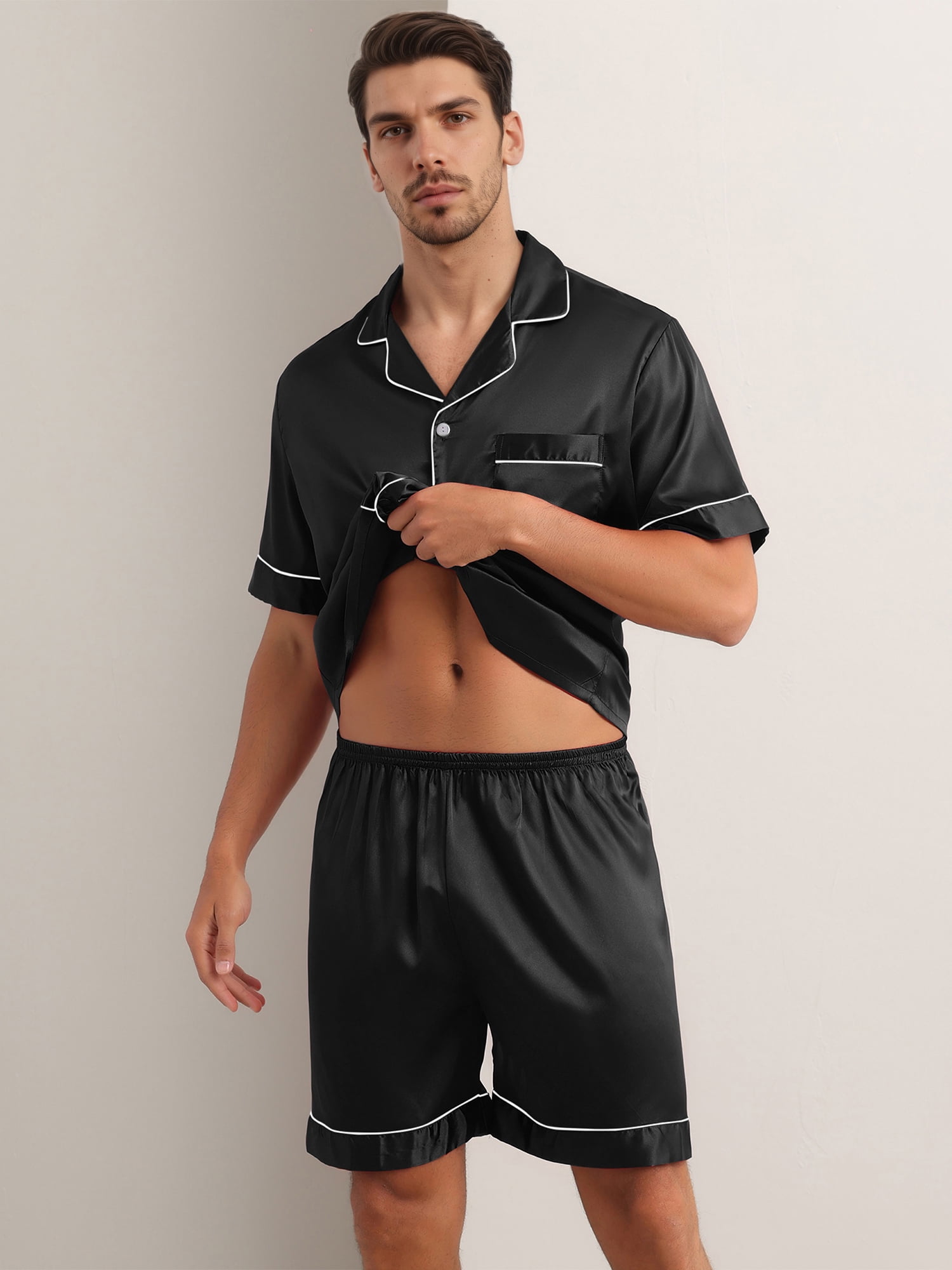 DARING DIVA Men's 2-Piece Satin Short Sleeve Nightwear Shorts Pajamas Set M Black