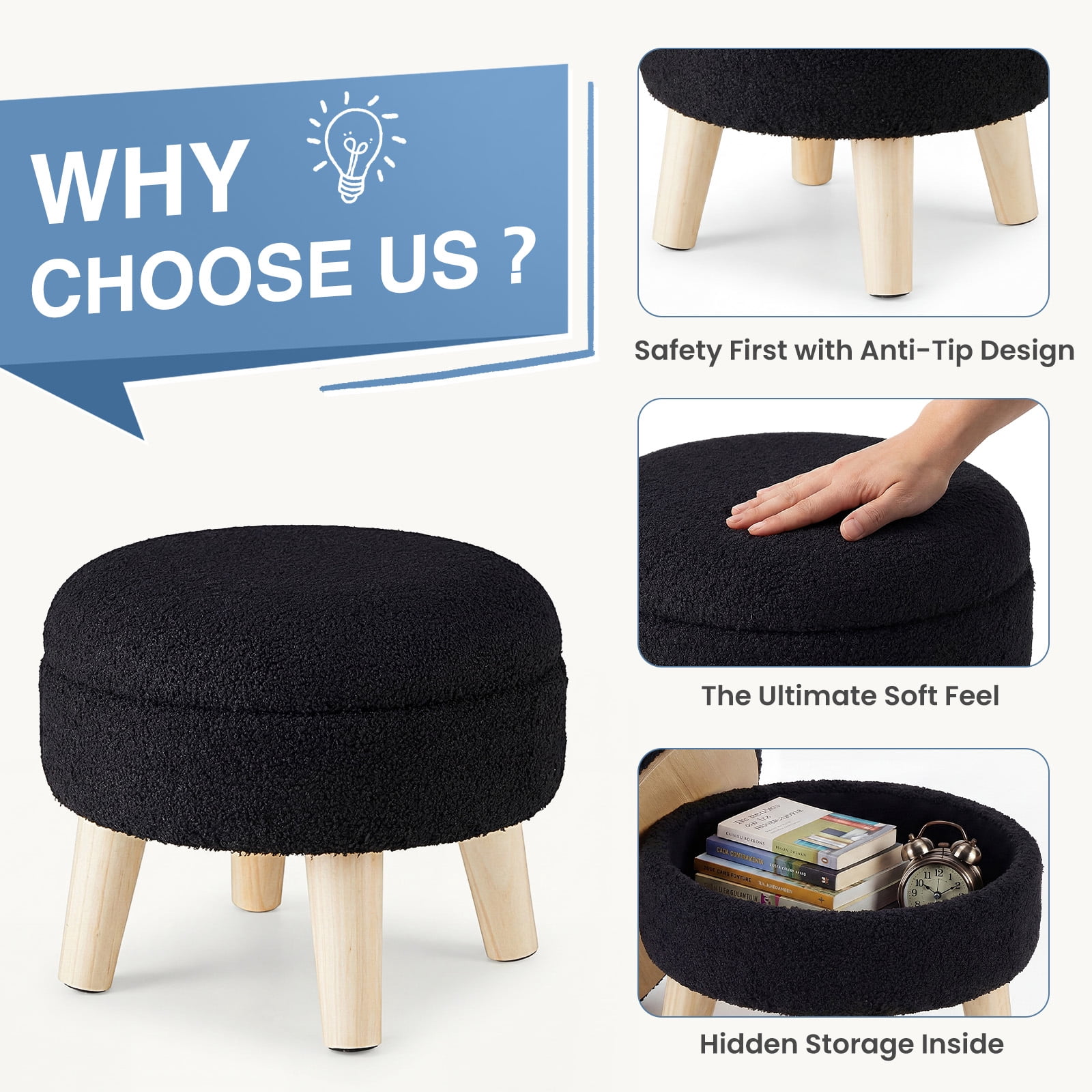 CONCETTA Round Storage Ottoman with Soft Padded Seat, Teddy Velvet Footstool with Wood Legs, Accent Ottoman for Living Room & Entryway,Black