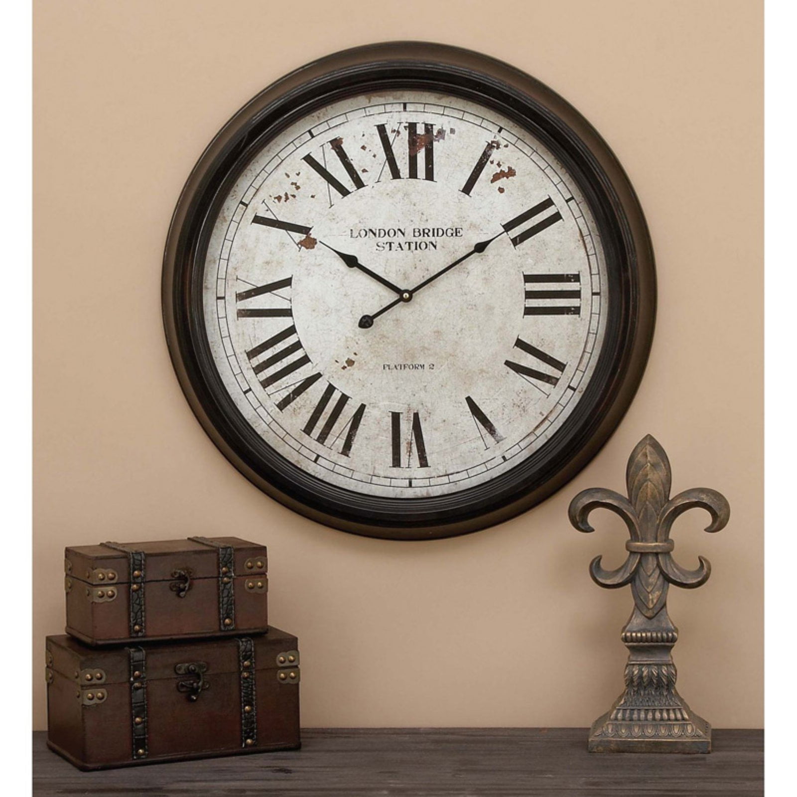Decmode Large, Round Distressed Black and White Metal Wall Clock with