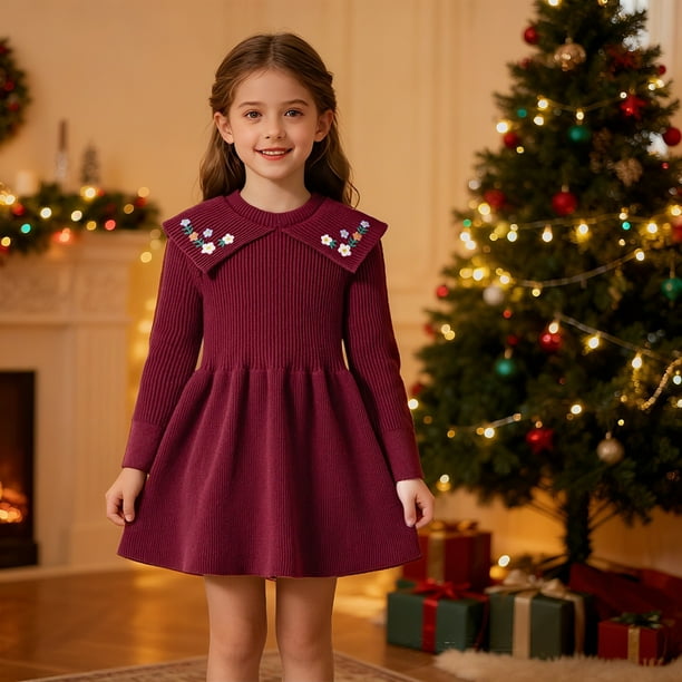 Suéter de capa base para niña, jersey de punto trenzado, manga larga, cuello redondo, vestido para niña
