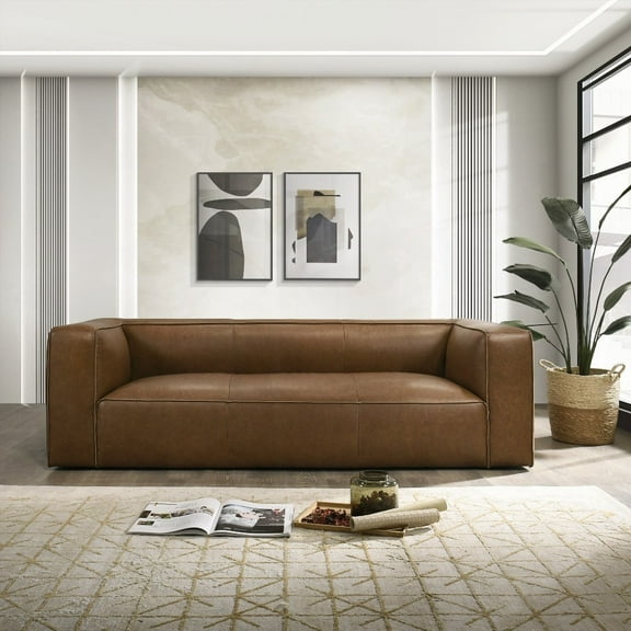 Modern Tan Leather Sofa (220×80×75cm) for Living Room - Natural Grain Effect