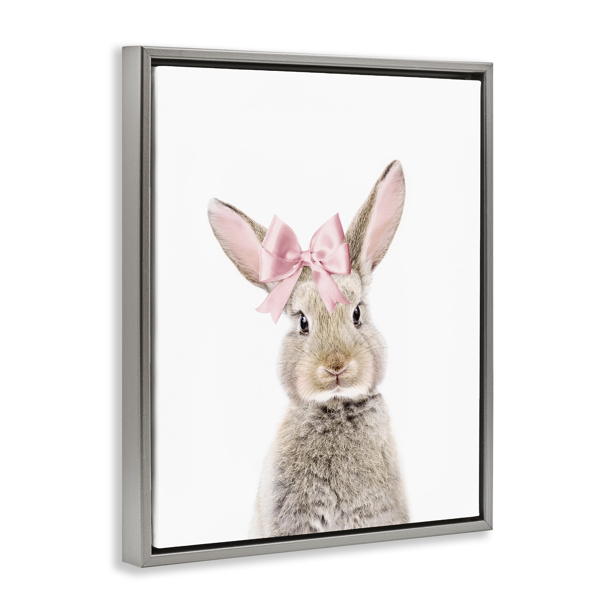 Stupell Industries Bunny with Pink Bow Animals Painting Gray Floater Framed Canvas Art Print Wall Art, 25 x 31