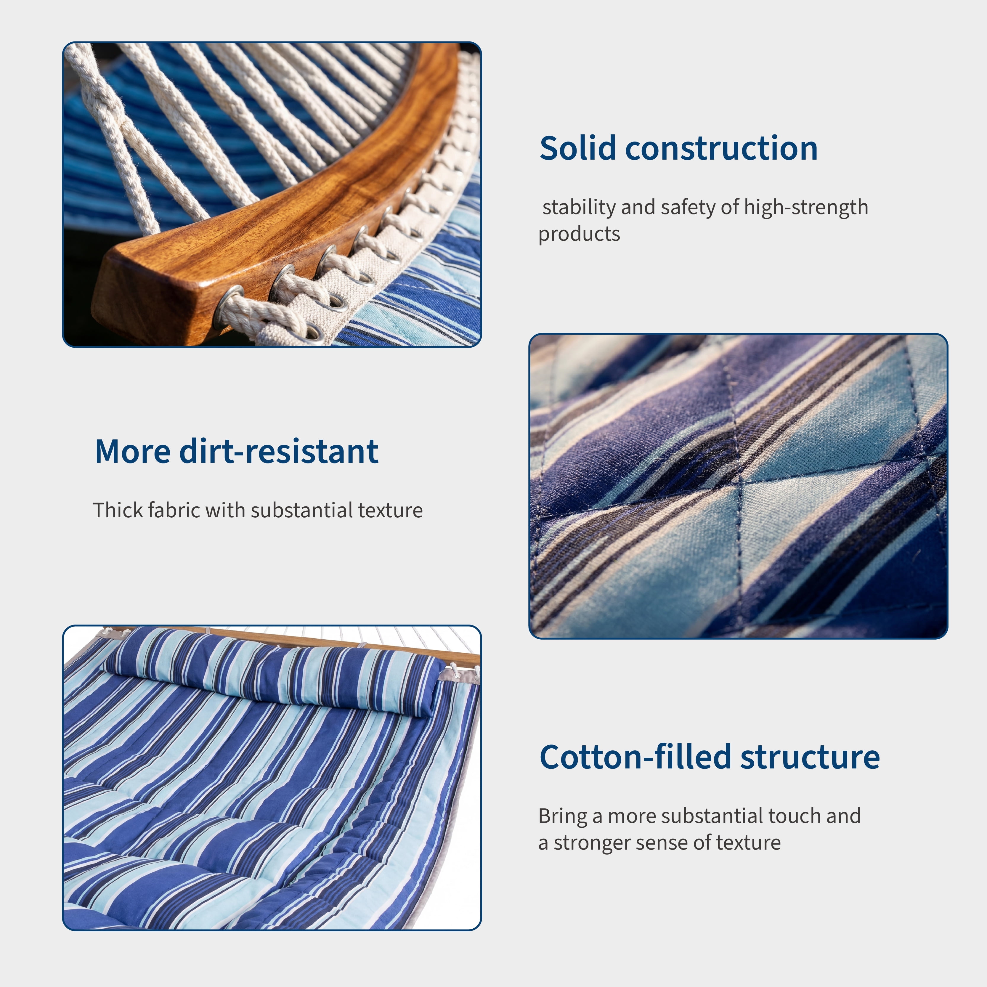 Quilted Fabric Hammock for 2 Person with Spreader Bar & Detachable Pillow, 450Lbs Capacity, Indoor Outdoor Hammocks for Patio Backyard Poolside Garden, Blue Striped