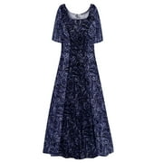 Medium Petite Womens Dress Blue Medallion Chintz Designer Print Short Sleeve Square Neck Princess Cut