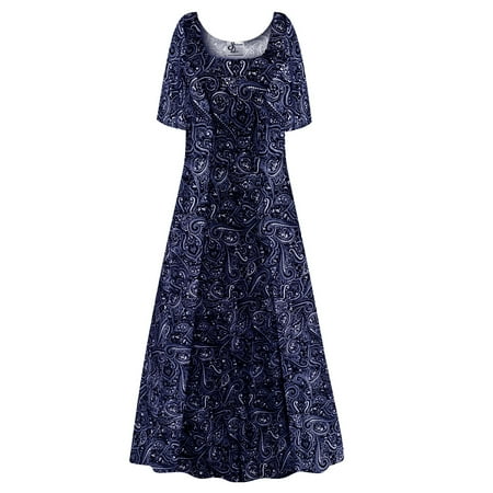 Medium Petite Womens Dress Blue Medallion Chintz Designer Print Short Sleeve Square Neck Princess Cut