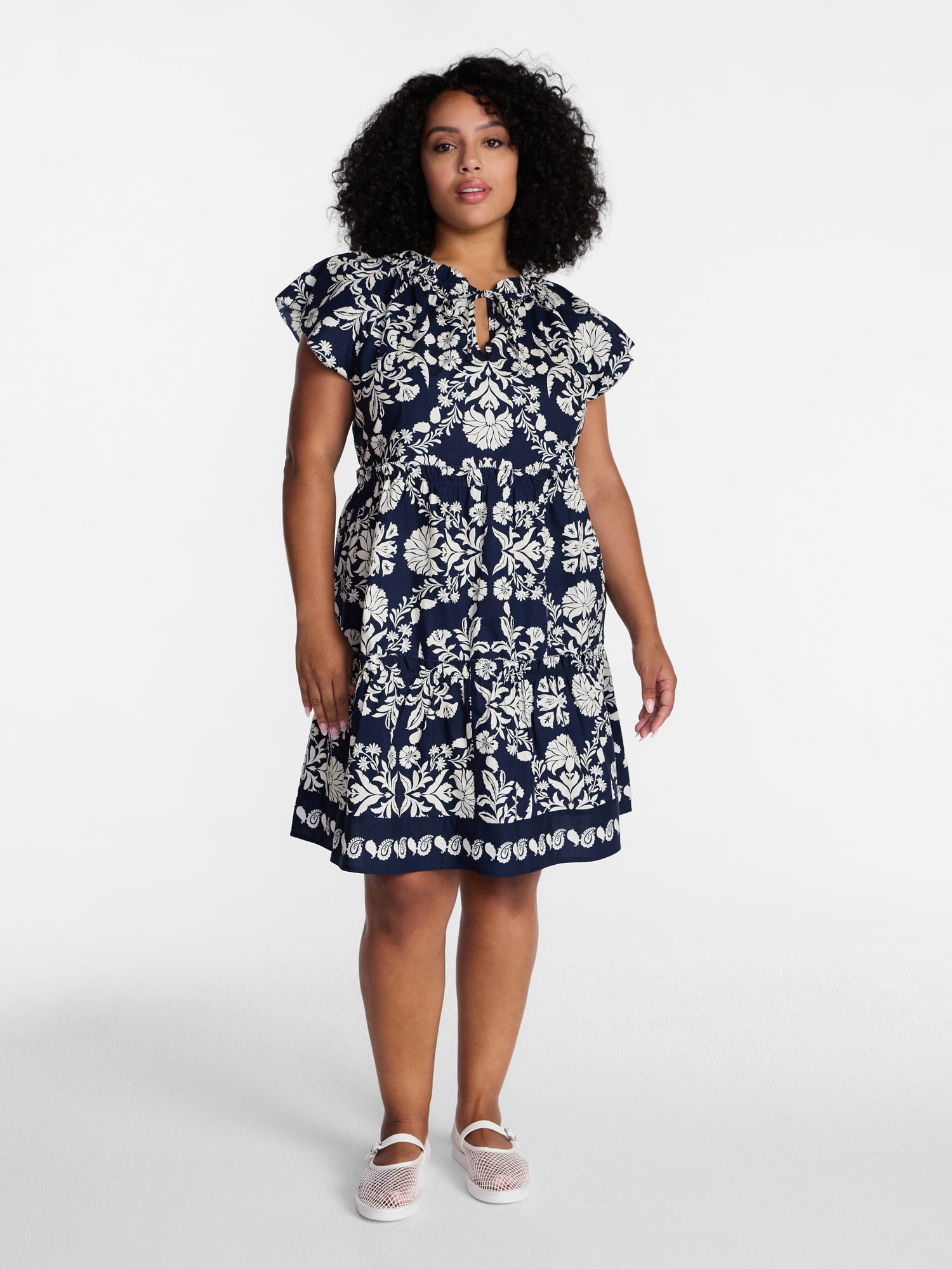 Time and Tru Women's and Women's Plus Tiered Cotton Mini Dress with Flutter Sleeves, Sizes XS-4X
