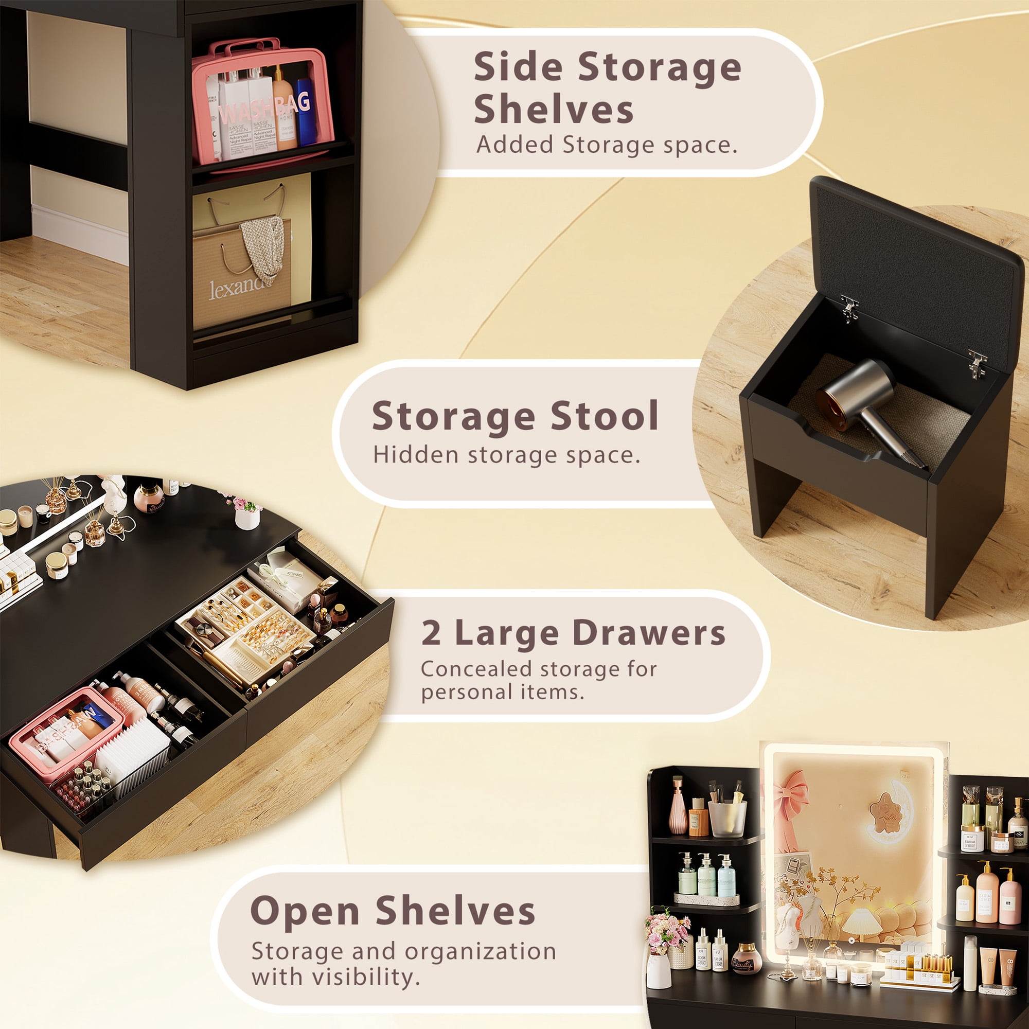 Homall Vanity Desk Set with 3 Colors LED Lighted Mirror, Makeup Vanity with Stool, Storage Shelves and Drawers, Vanity Table Dressing Table for Bedroom, Black