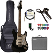 Sawtooth ES Series Electric Guitar Travel Bundle with Portable 10-Watt Amp, ChromaCast Pro Series Bag, Cable, Tuner & Picks, Black with Chrome Pickguard