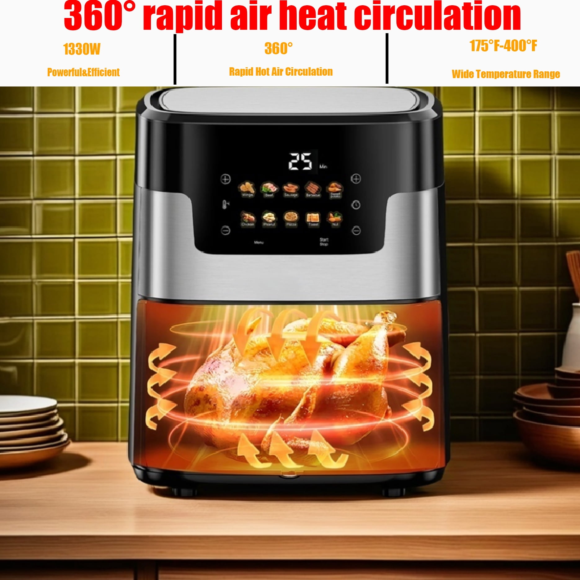 7.5QT XL 2-in-1 Air Fryer with Flip-Over Grill Plate, Viewing Window, 8 Cooking Presets, 95% Less Oil, Dishwasher Safe Basket & 100 Liners  Black
