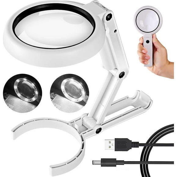 Foldable Handheld Magnifying Glass with Light and Stand - 30x 10x Magnification, 2-Level Dimmable, USB Rechargeable