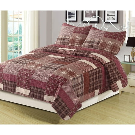 King Quilt Red Plaid Patchwork Bedspread Bedding 3 Piece Set