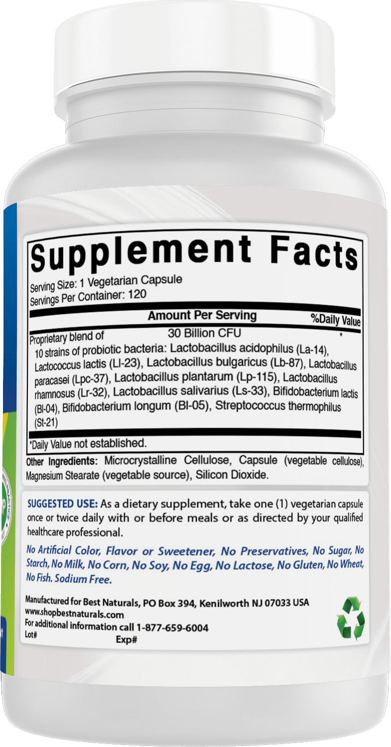2 Pack Best Naturals Probiotic 10 Strains & 30 Billion CFU Intestinal Flora 120 Vegetarian Capsules | Shelf Stable probiotic