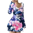 thumbnail image 2 of Maqroz Long Dresses for Women Casual Plus Size V Neck Ribbed Knit Dresses Floral Printed A-Line Hem Flare Sleeves Stretchy Mini Dress Spring Sundress Fashion Outfits Navy M, 2 of 5