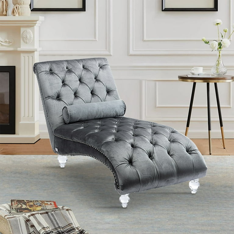 Gray Velvet Chaise Lounge with Pillow KAMIDA Indoor Chaise Lounge Furniture Modern Lounge Chair with Tufted Button and Acrylic Legs Heavy Duty