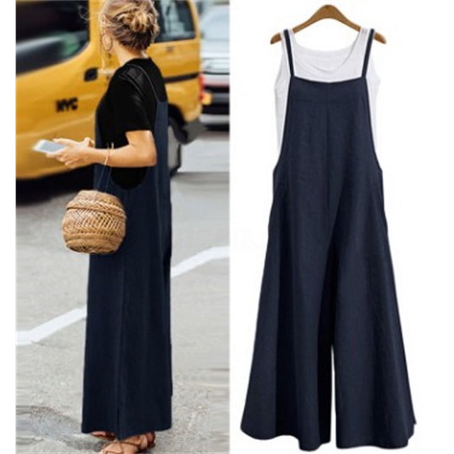 Pantalones de tirantes anchos y cintura alta para primavera y verano para mujer, mono holgado informal adelgazante de color sólido con tirantes simples