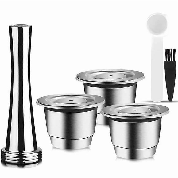 Capsules Reusable, Stainless Steel, 3 Pieces Refillable Pads for + 1 Tamper + 1 Spoon + 1 Brush