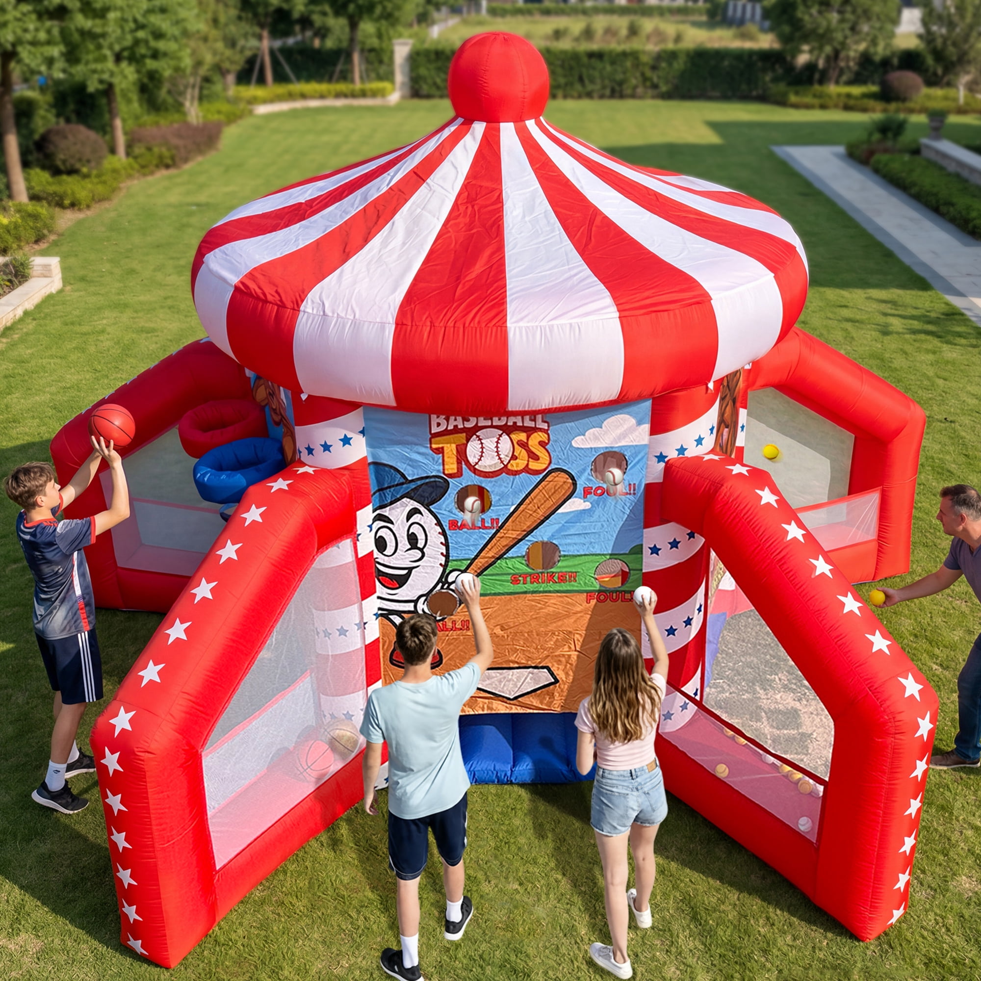 Wellcomer Inflatable 5in1 Carnival Game, Portable Baseball Toss, Basketball Hoop, Dart Board, Ring Toss