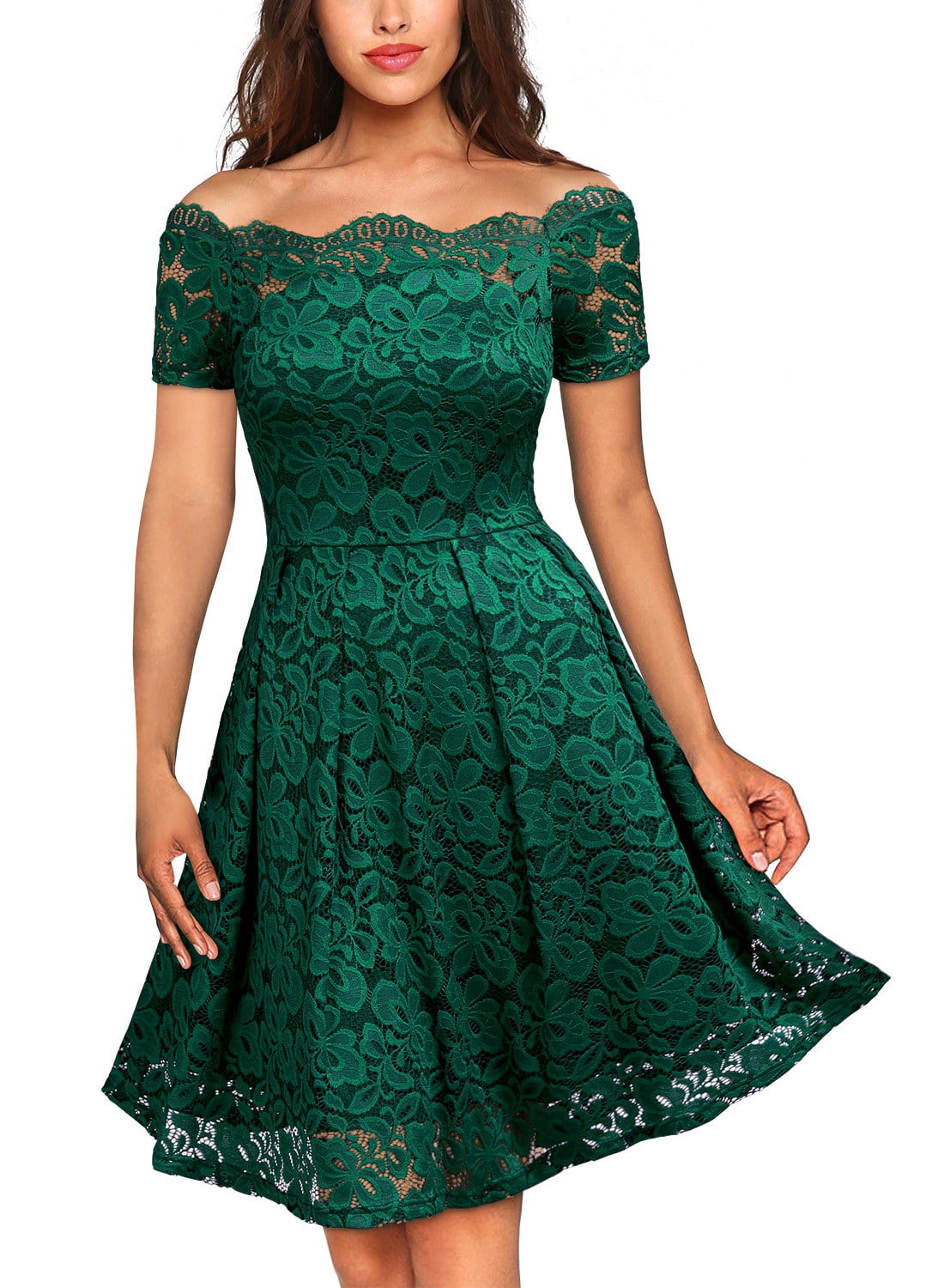 green off the shoulder cocktail dress