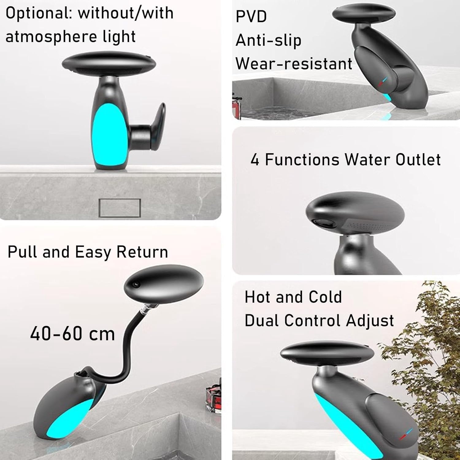 360° Rotating Pull-Out Washbasin Faucet with 4 Water Flow Modes & LED Light, Bathroom Vanity Faucet with Pull Out Sprayer, Smart led Bathroom Faucet, Dual Control of Hot and Cold