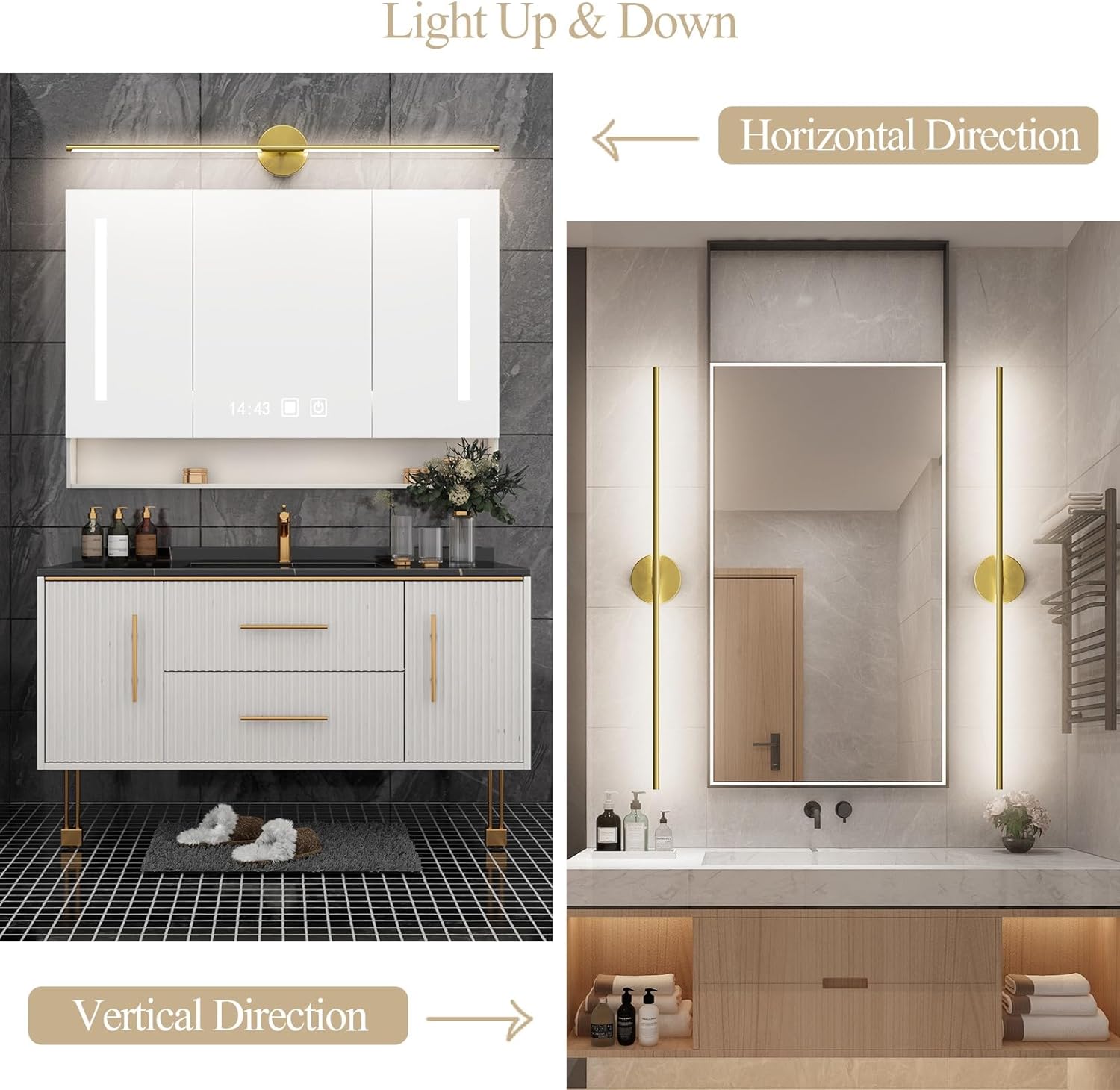 Ralbay 40inch Gold Modern Vanity Lights for Mirror,30W Bathroom LED Light Bar Wall Lighting Rotatable 360° 5000K White, 39.4 inch-30W