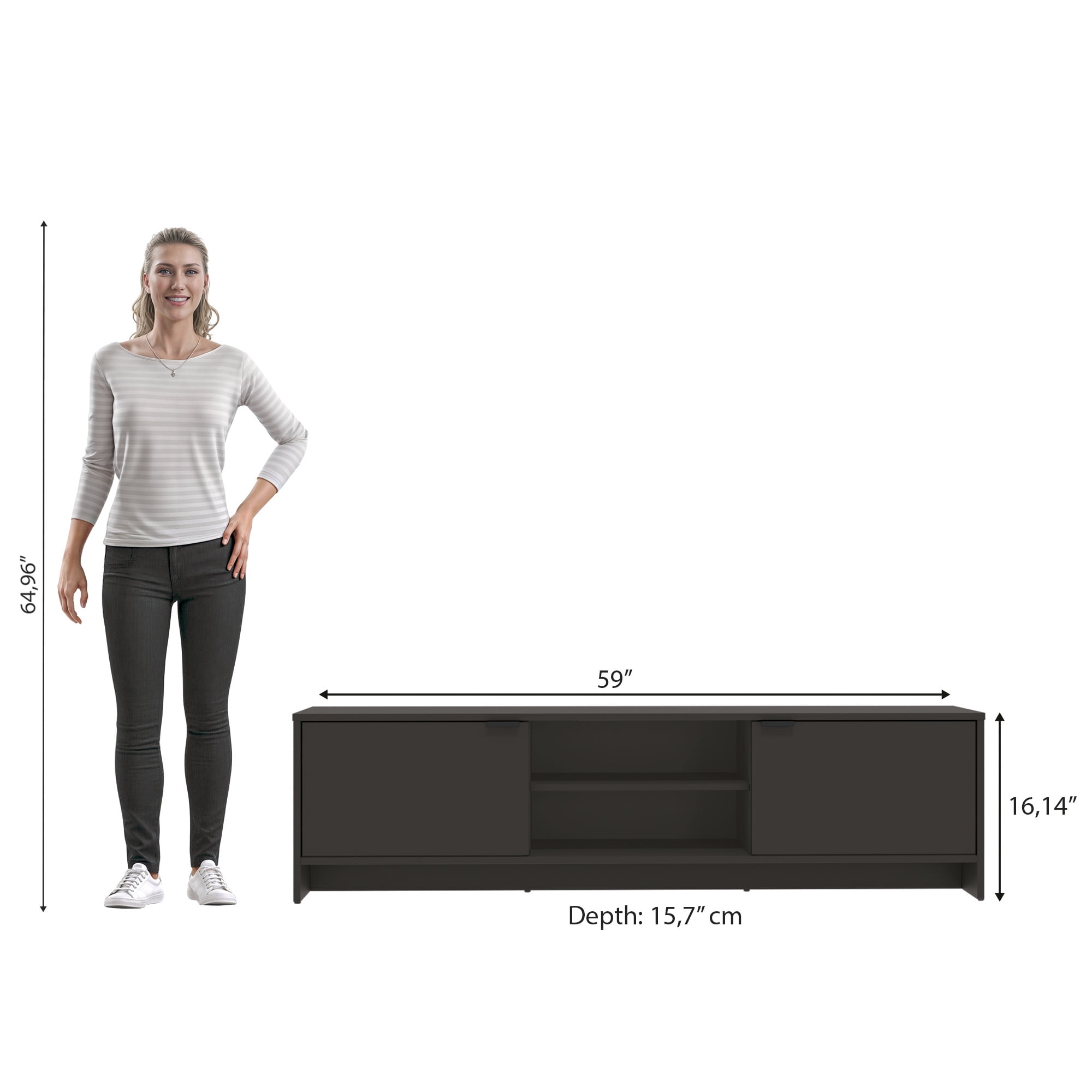 Kappesberg Milan Black 59.05" W TV Stand Modern Entertainment Center with 2-Doors and Open Shelves Media Console for Living Room for Adults and Teens
