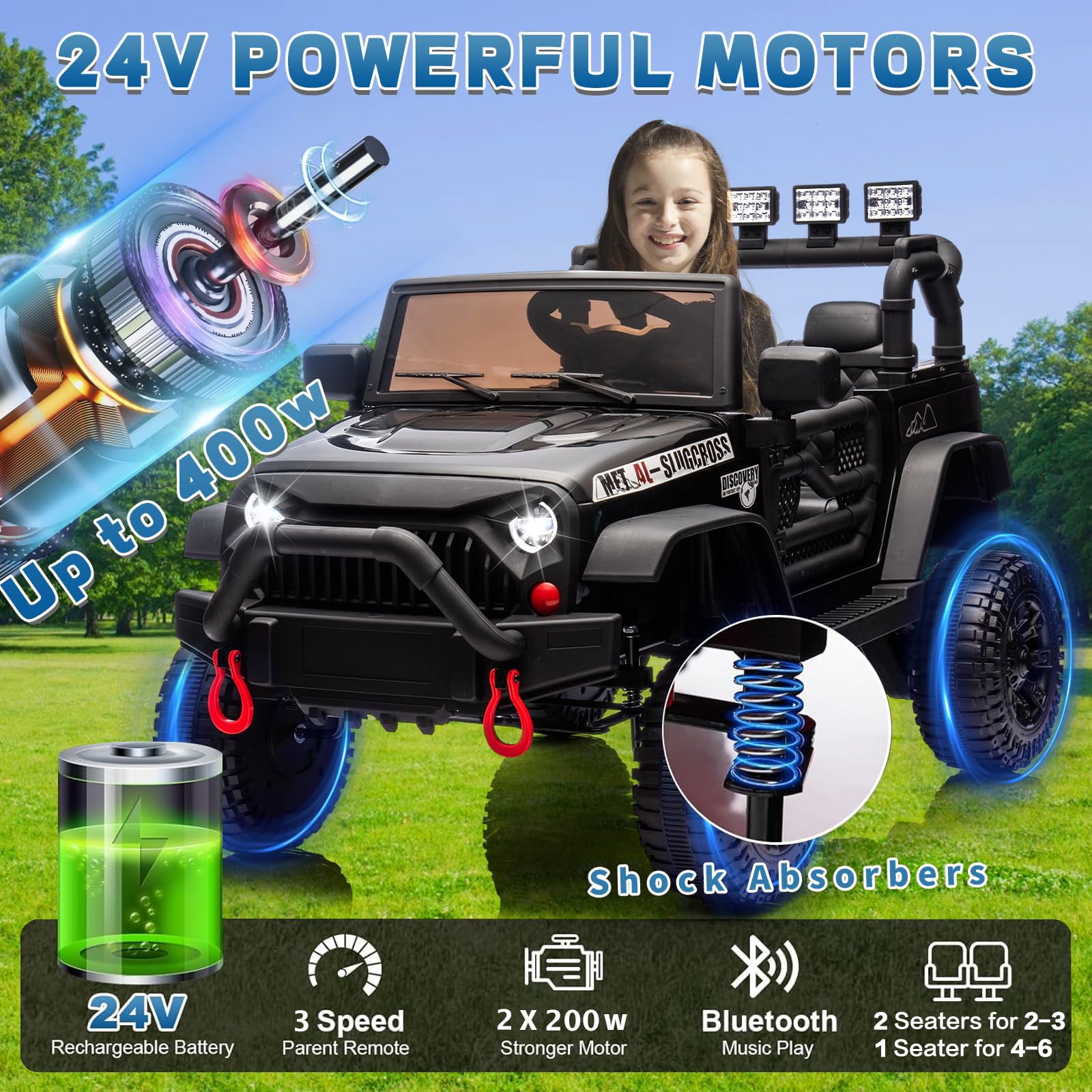 POVANLI 24V Kids Ride on Toy Jeep with Parent Remote, Electric Truck Car for Kid w/ 2*200W Moter, 3 Speeds, LED Lights, Multifunctional Dashboard, Bluetooth Music, USB, Toy Gift for Boy Girl(Black)