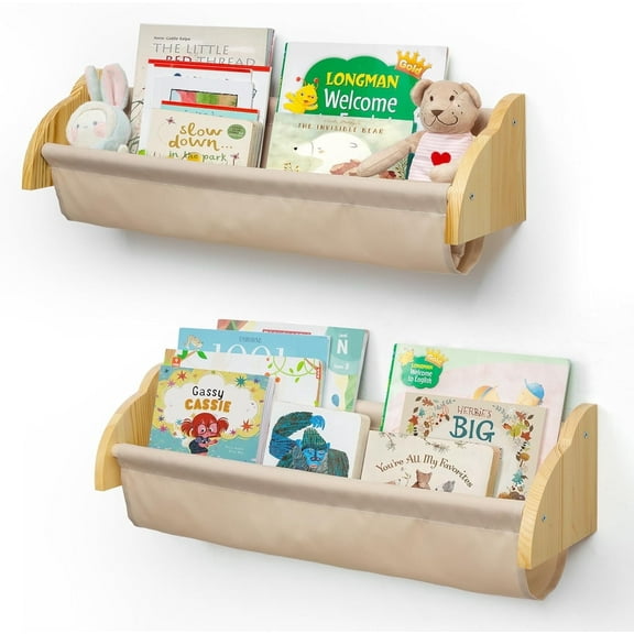 Sumgar Nursery Book Shelves for Kids Rooms Floating Shelf for Wall Mount Book Storage Wooden Organizer Rack for Toddler Baby Childrens Bedroom Playroom, Canvas Set of 2, Home Decor Gift for Christmas