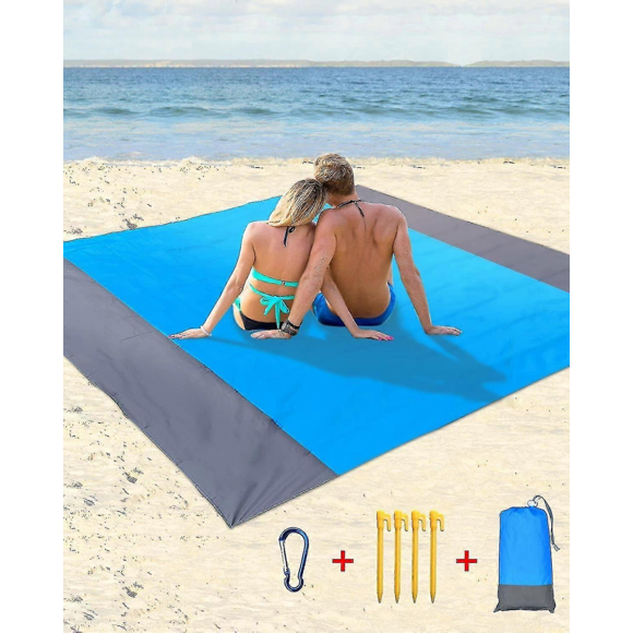 Tapis de Plage Couverture de Pique-Nique Imperméable 210 X 200cm Couverture de Pique-Nique Extra Grand Tapis de Plage Imperméable avec 4 Clous Fixes Bleu ZZY