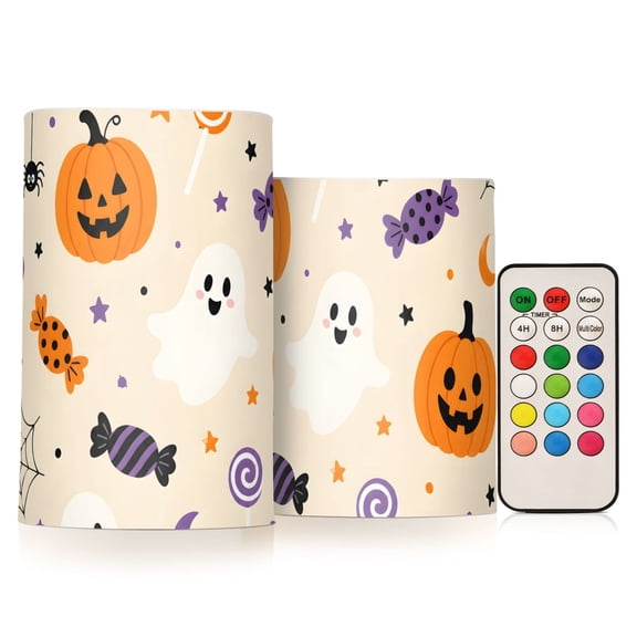 Halloween Pumpkins Flameless Candles Flickering with Remote and Timer Battery Operated LED Pillar Candle Set of 2