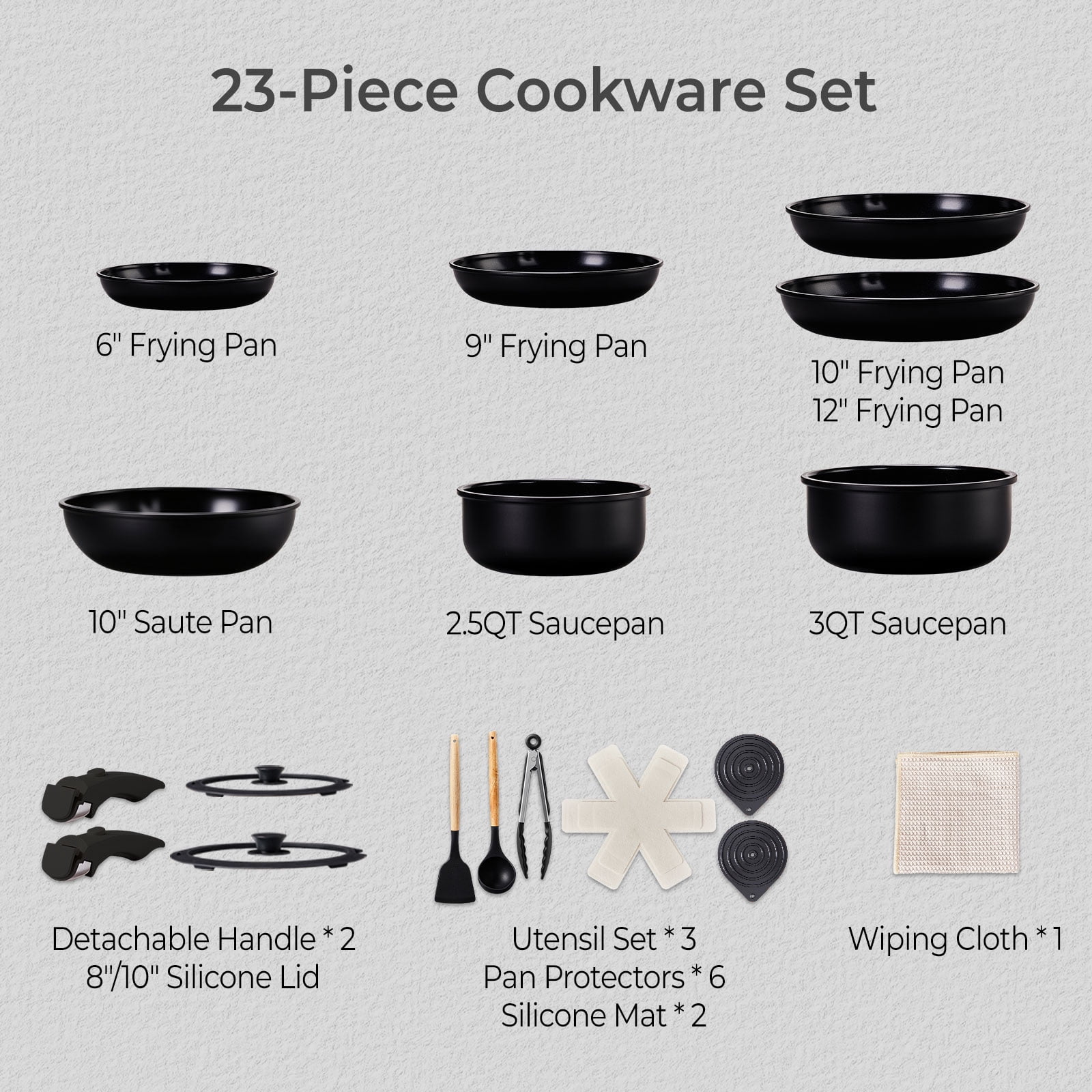 Ktaxon 23pcs Nonstick Cookware Set with Detachable Handle, 7 Pots and Pans Set Aluminum Kitchen Cooking Set, Induction Safe, Black