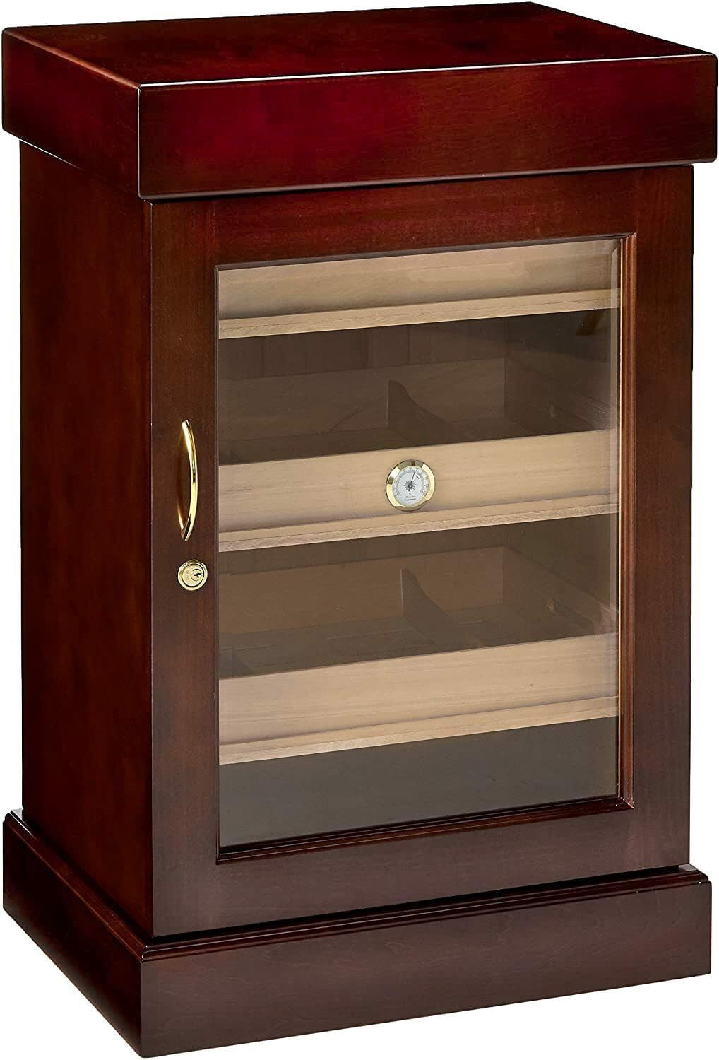 Humidor Supreme Mini Tower Humidor with Shelves, 1000 Cigar Capacity, Brown, Mahogany Wood.