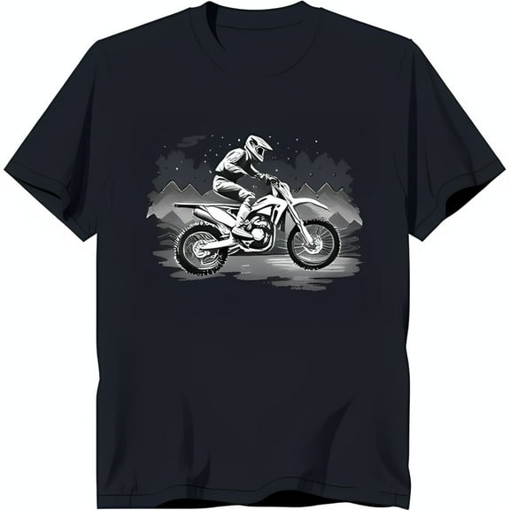 Black Motocross Rider Graphic T-Shirt Helmeted Biker Jumping Over Hill with Stars