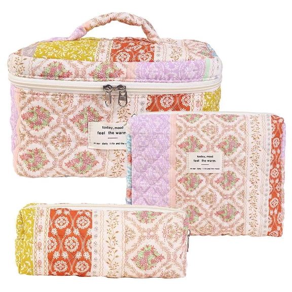 Makeup Bag 3pack/Set,Quilted Cosmetic Pouch for Women,Cute Large Capacity Cotton Portable Travel Toiletry Bag