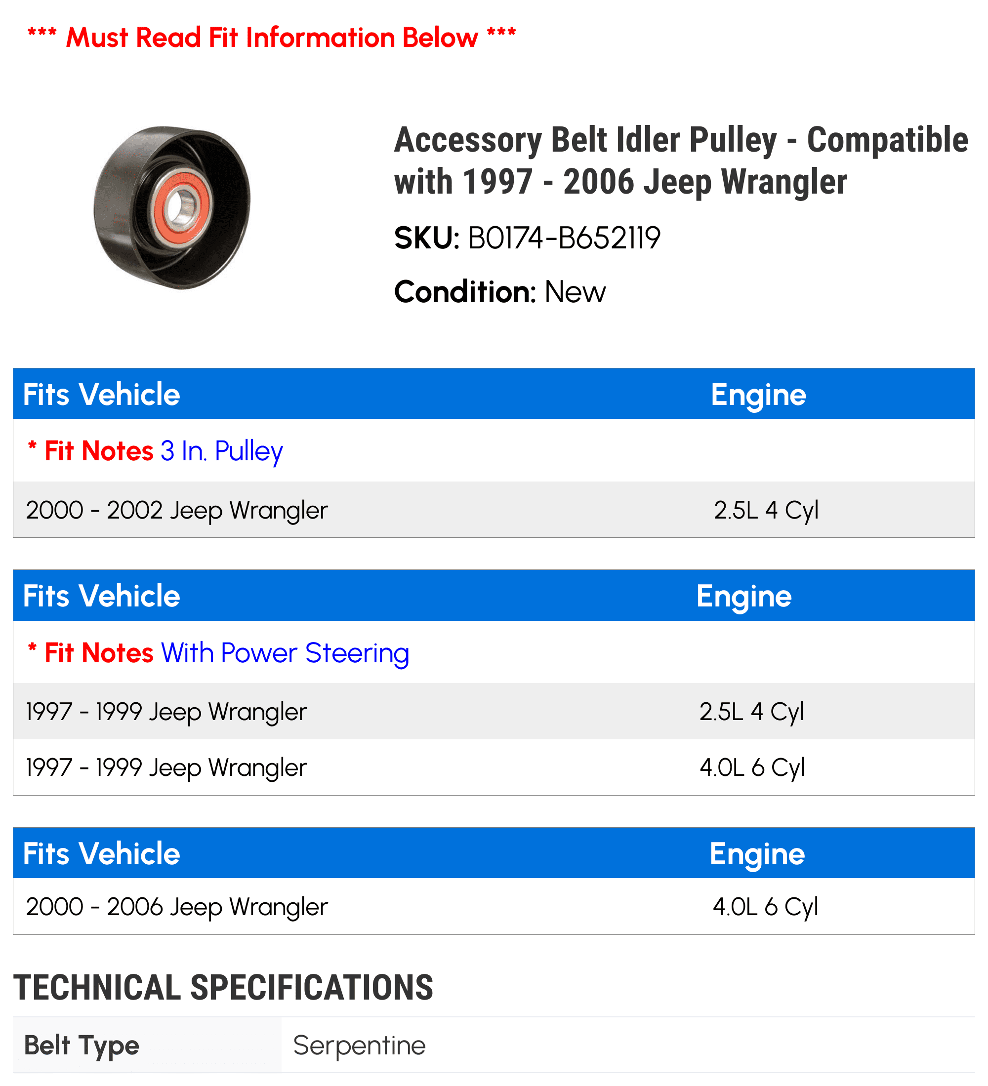 Accessory Belt Idler Pulley - Compatible with 1997 - 2006 Jeep Wrangler 1998 1999 2000 2001 2002 2003 2004 2005